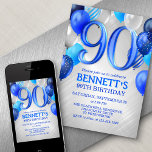 90th Mens Blue Anniversaire Invitation<br><div class="desc">Une fête, une fête entière, et rien d'autre qu'une fête. C'est ce qu'il y a dans cette conception d'anniversaire. Doté de chiffres audacieux et d'une typographie élégante entourée de ballons, ce design est aussi amusant et audacieux que lui. Le bleu et l'argent donnent un air masculin et pointu au design....</div>