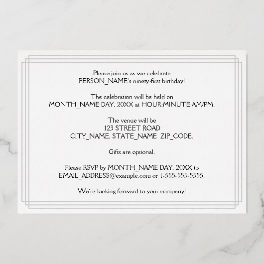 91e verjaardag — Art Deco look "91" + Naam Folie Uitnodiging (Achterkant)