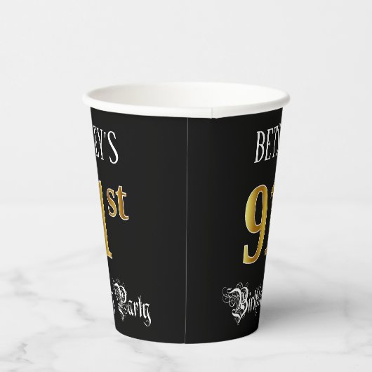 91e verjaardag — Fancy script, Faux Gold look Papieren Bekers (Rechts)
