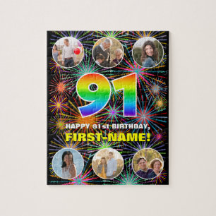 91e verjaardag: Leuke regenboog #, aangepaste naam Legpuzzel