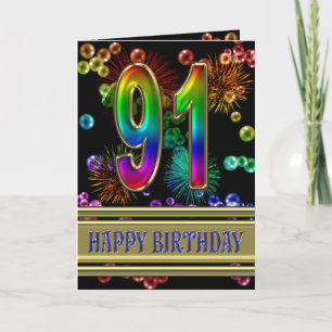 91e verjaardag met regenboogbubbels en vuurwerk kaart