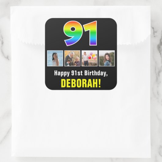 91e verjaardag: Regenboog "91"; Aangepaste foto's Vierkante Sticker (Tas)
