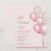 91e verjaardag uitnodigingen Pink Balloons Confett (Voorkant / Achterkant)
