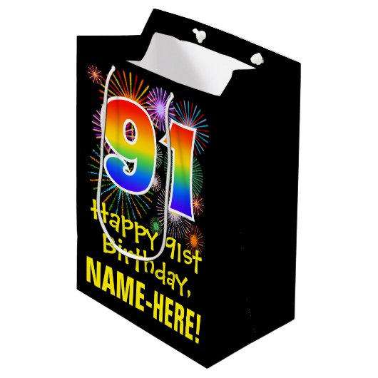 91e verjaardag: Vuurwerk Fun Pattern + Regenboog 9 Medium Cadeauzakje (Voorkant Gekanteld)