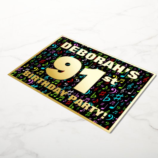 91e verpartij — Leuke, kleurrijke muzieksymbolen Folie Uitnodiging (Gedraaid)