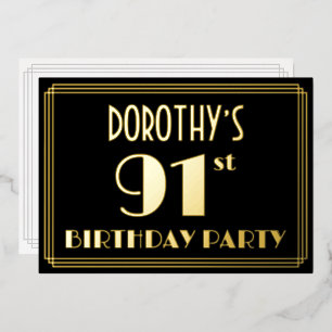 91ste verjaardag: Art Deco Kijk "91", met naam Folie Uitnodiging