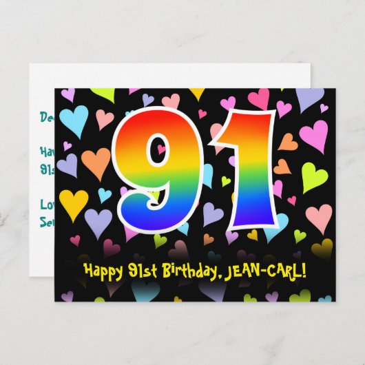 91ste verjaardag: Fun Hearts-patroon, Regenboog 91 Briefkaart (Voorkant / Achterkant)