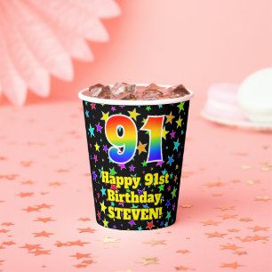 91ste verjaardag: Fun Stars Pattern en Rainbow 91 Papieren Bekers