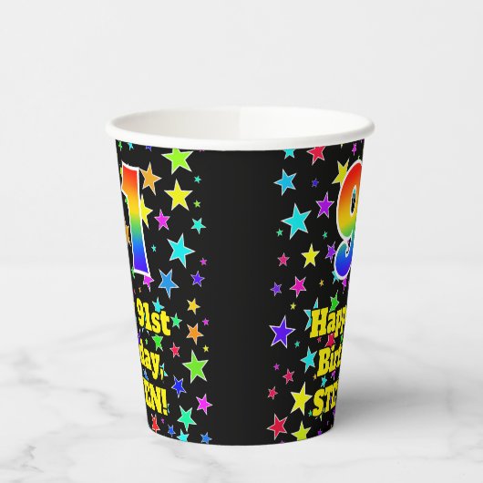 91ste verjaardag: Fun Stars Pattern en Rainbow 91 Papieren Bekers (Links)