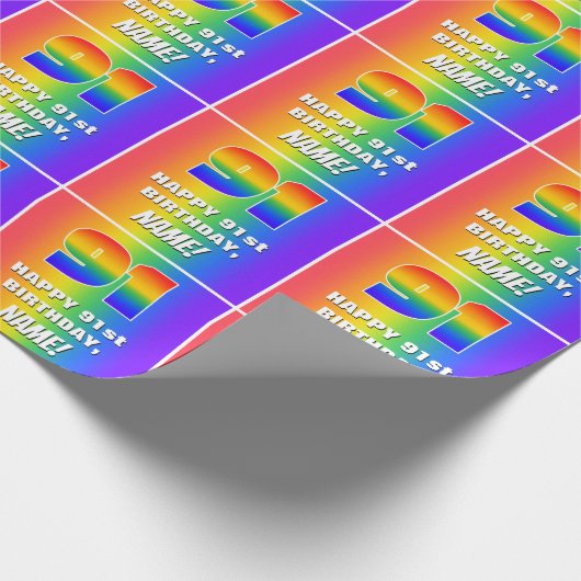 91ste verjaardag: kleurrijk, vun regenboogpatroon cadeaupapier (Hoek)
