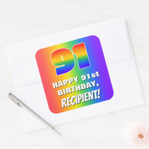 91ste verjaardag: kleurrijk, vun regenboogpatroon  vierkante sticker