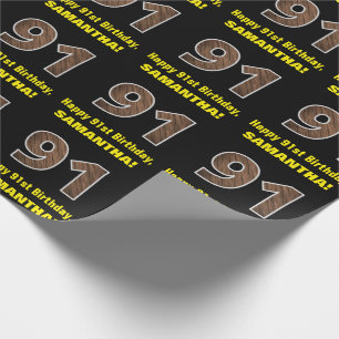 91ste verjaardag: naam en nep houtnerfpatroon "91" cadeaupapier