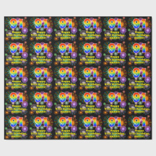 91ste verjaardag: vuurwerk, regenboogblik # "91" cadeaupapier