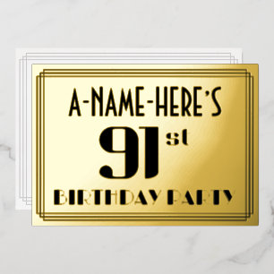91ste verjaardagsfeest: Art Deco-look “91” en naam Folie Uitnodiging