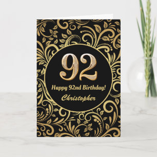 92e Birthday Black en Gold Floral Pattern Kaart