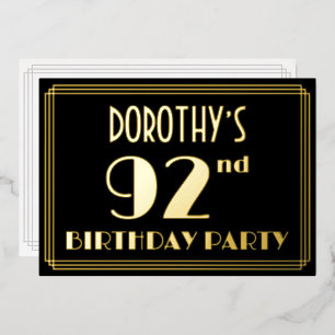 92e verjaardag: Art Deco Kijk "92", met naam Folie Uitnodiging