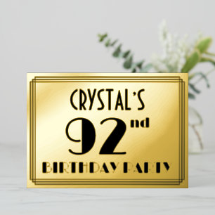 92e verjaardag — Art Deco look "92" + Naam Folie Uitnodiging