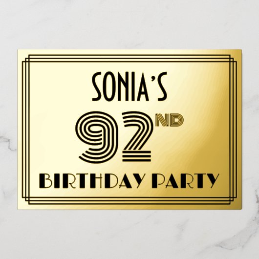 92e verjaardag — Art Deco Style "92" en naam Folie Uitnodiging (Voorkant)