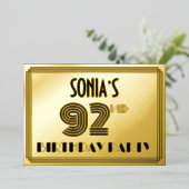 92e verjaardag — Art Deco Style "92" en naam Folie Uitnodiging (Staand Voorkant)