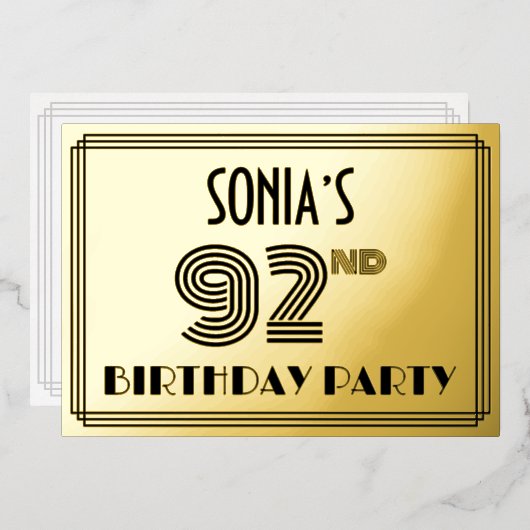 92e verjaardag — Art Deco Style "92" en naam Folie Uitnodiging (Voorkant / Achterkant)