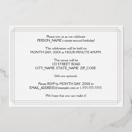 92e verjaardag — Art Deco Style "92" en naam Folie Uitnodiging (Achterkant)