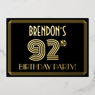 92e verjaardag — Art Deco Style "92" + Naam Folie Uitnodiging