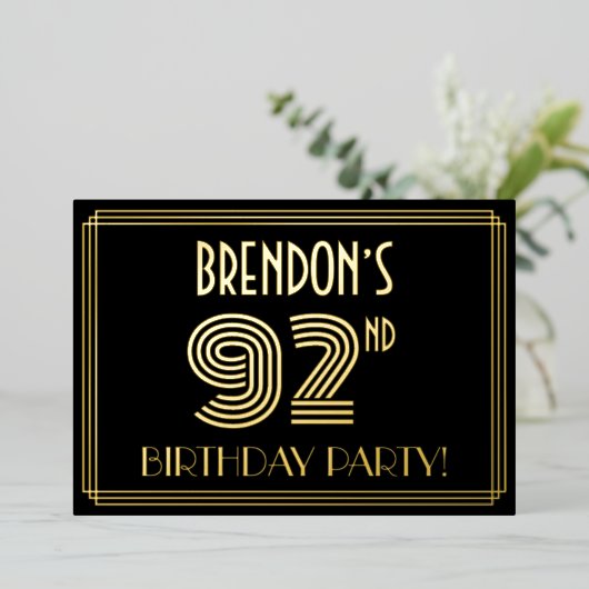 92e verjaardag — Art Deco Style "92" + Naam Folie Uitnodiging (Staand Voorkant)