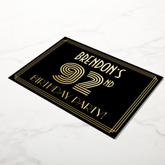 92e verjaardag — Art Deco Style "92" + Naam Folie Uitnodiging (Gedraaid)