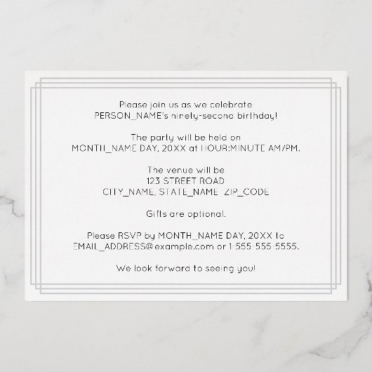 92e verjaardag — Art Deco Style "92" + Naam Folie Uitnodiging (Achterkant)