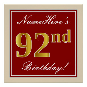 92e verjaardag Elegant, Red, Faux Gold; Naam op ma Perfect Poster