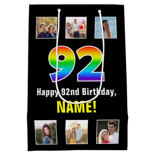 92e verjaardag: Regenboog "92", aangepaste foto's  Medium Cadeauzakje (Achterkant)