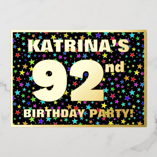 92e verjaardag van de Vreugde - Fun, kleurrijk ste Folie Uitnodiging (Voorkant)