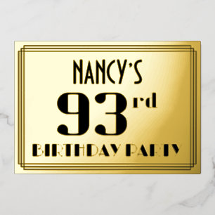 93e verjaardag: Art Deco Kijk "93" en naam Folie Uitnodiging