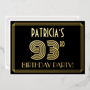 93e verjaardag — Art Deco Style "93" + Naam Folie Uitnodiging