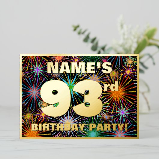 93e verjaardag — Fun, kleurrijke Fireworks-look Folie Uitnodiging (Staand Voorkant)
