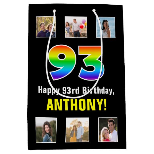 93e verjaardag: Regenboog "93", aangepaste foto's  Medium Cadeauzakje (Voorkant)