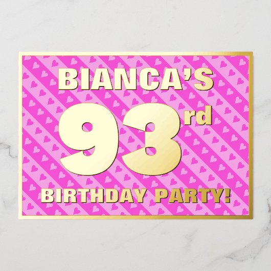 93e verjaardag — vuurroze harten en strips folie uitnodiging (Voorkant)