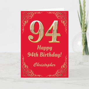 94e Birthday Red en Gold Glitter Lijst Kaart