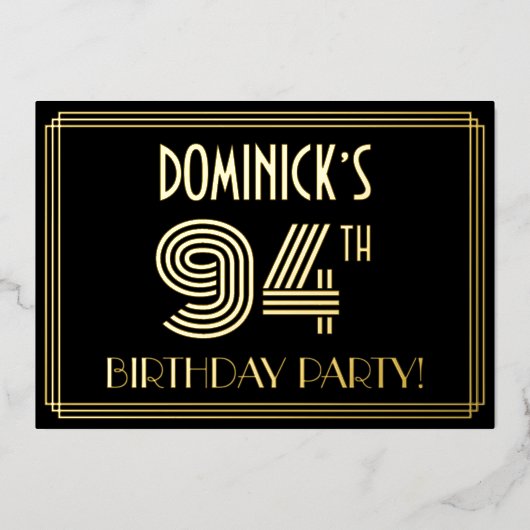 94e verjaardag — Art Deco Style "94" + Naam Folie Uitnodiging (Voorkant)