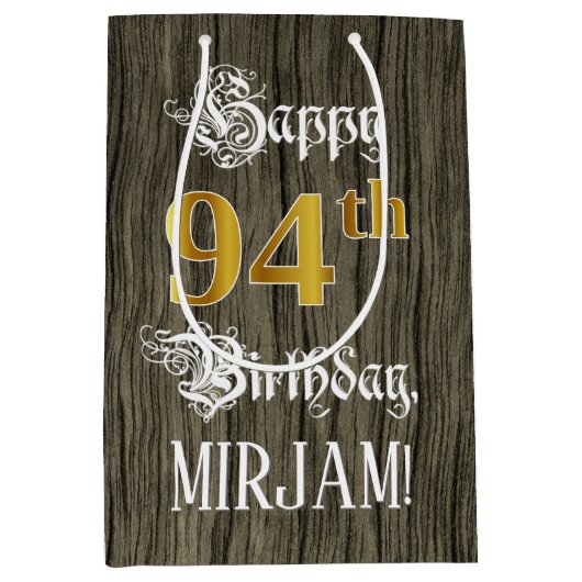 94e verjaardag: Faux Gold look & Faux Wood Pattern Medium Cadeauzakje (Voorkant)