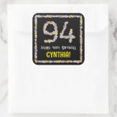 94e verjaardag: Floral Flowers Number, Custom Name Vierkante Sticker (Tas)