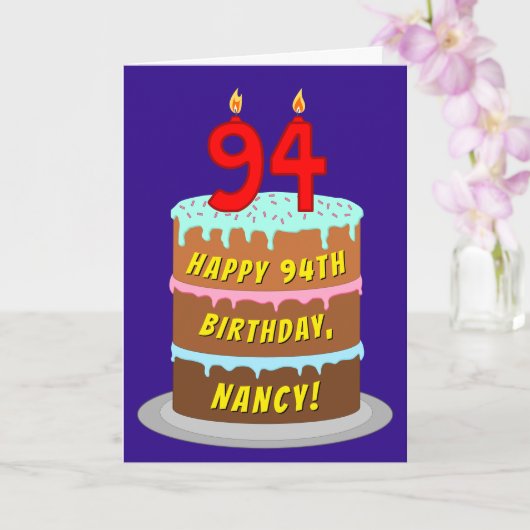 94e verjaardag: Fun Cake and Candles + Custom Name Kaart (Orchidee)