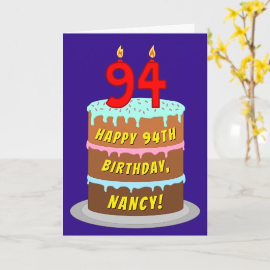 94e verjaardag: Fun Cake and Candles + Custom Name Kaart (Gele Bloem)