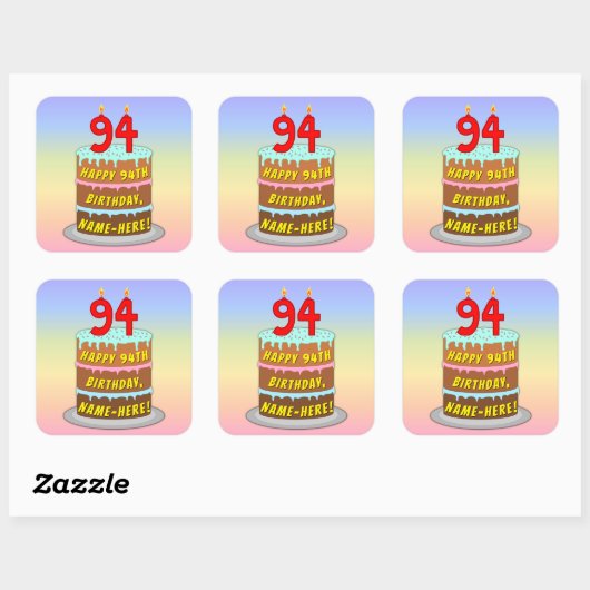 94e verjaardag: Fun Cake and Candles + Custom Name Vierkante Sticker (Vel)