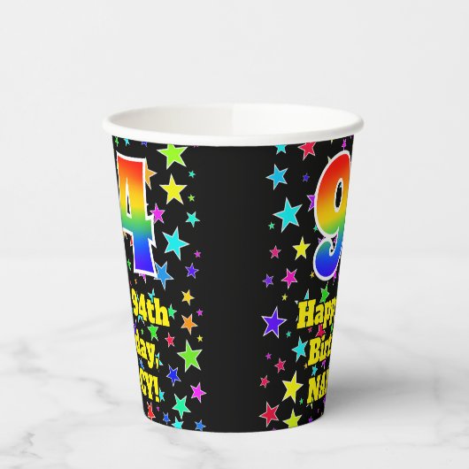94e verjaardag: Fun Stars Pattern en Rainbow 94 Papieren Bekers (Links)