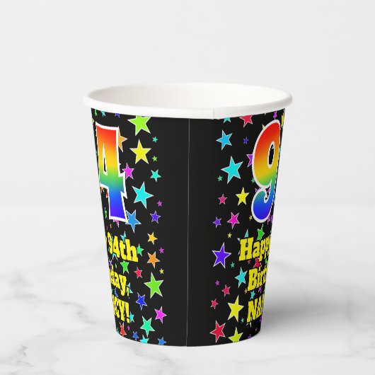 94e verjaardag: Fun Stars Pattern en Rainbow 94 Papieren Bekers (Rechts)