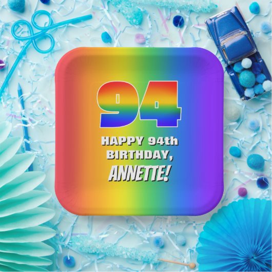 94e verjaardag: kleurrijk, vun regenboogpatroon #  papieren bordje (Feest)