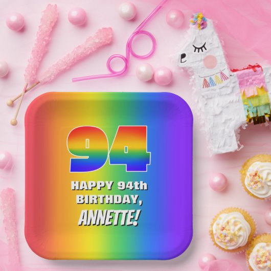 94e verjaardag: kleurrijk, vun regenboogpatroon # papieren bordje (Feest)