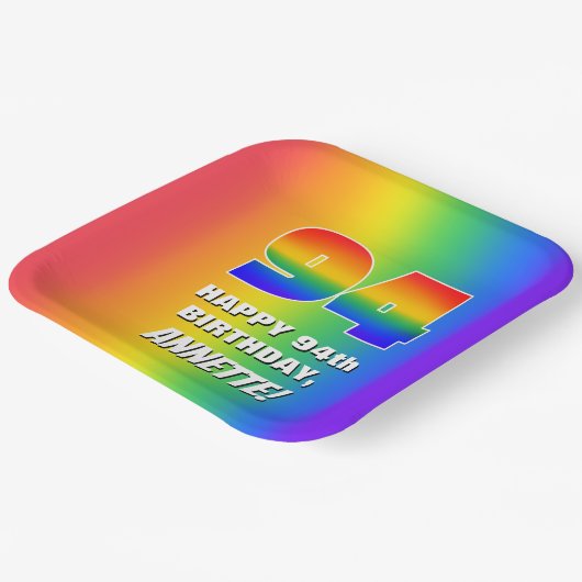 94e verjaardag: kleurrijk, vun regenboogpatroon #  papieren bordje (Gebogen)