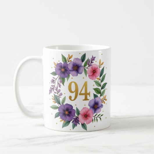 94e verjaardag Mok - Bloemenkrans met gouden numme (Links)